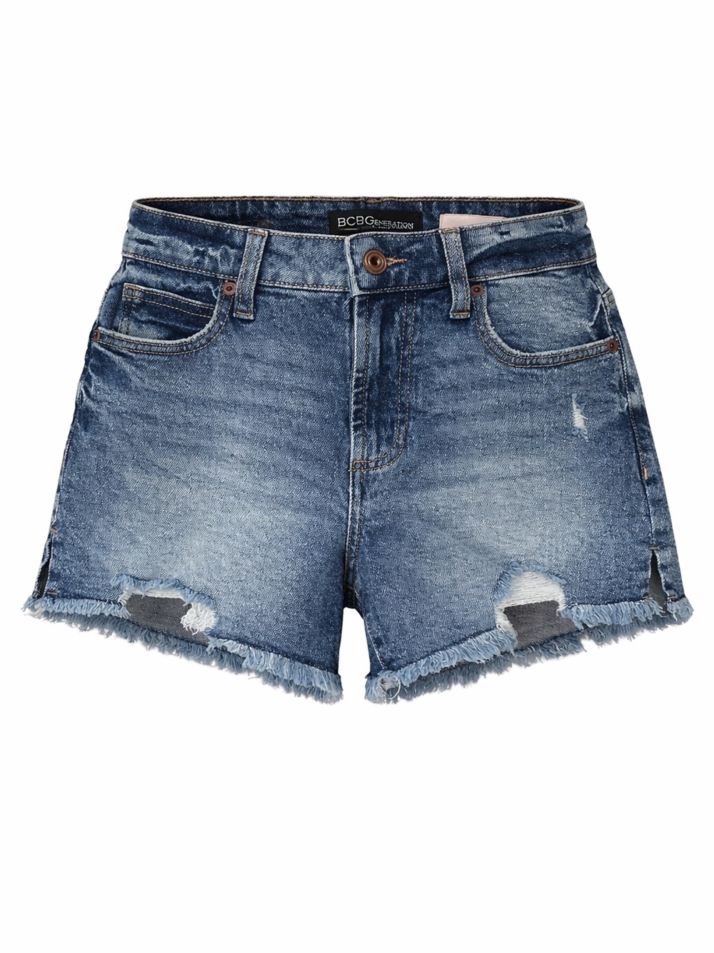BCBGeneration High Rise 4” Denim Shorts Size 25 Distressed Raw Hem Blue Stretch